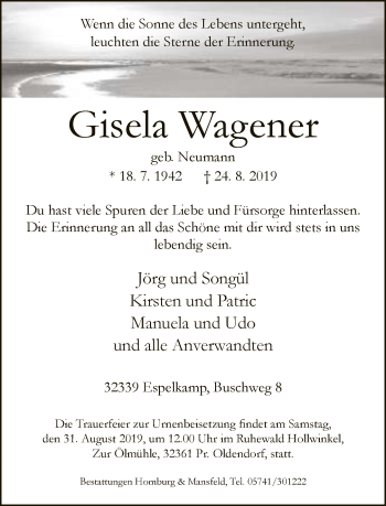 Traueranzeige von Gisela Wagener von Neue Westfälische