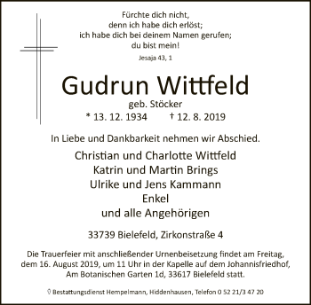 Traueranzeige von Gudrun Wittfeld von Neue Westfälische