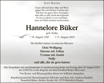 Traueranzeige von Hannelore Büker von Neue Westfälische