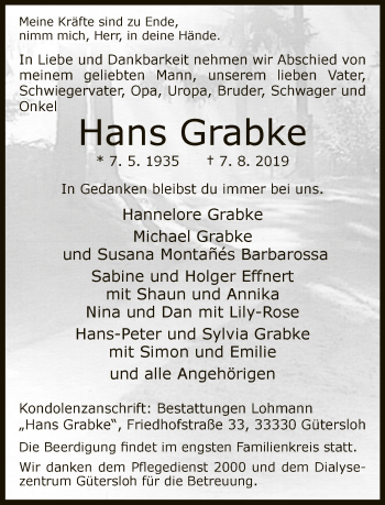 Traueranzeige von Hans Grabke von Neue Westfälische