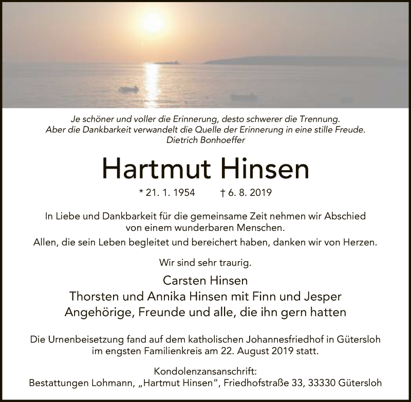  Traueranzeige für Hartmut Hinsen vom 24.08.2019 aus Neue Westfälische