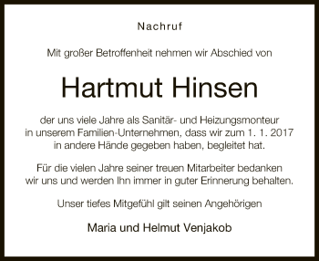 Traueranzeige von Hartmut Hinsen von Neue Westfälische