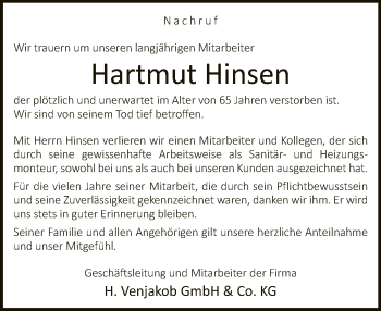 Traueranzeige von Hartmut Hinsen von Neue Westfälische