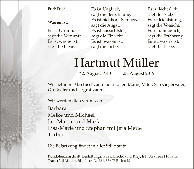  Traueranzeige für Hartmut Müller vom 31.08.2019 aus Neue Westfälische