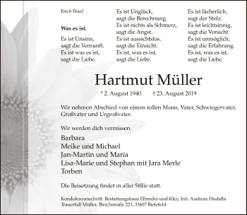 Traueranzeige von Hartmut Müller von Neue Westfälische