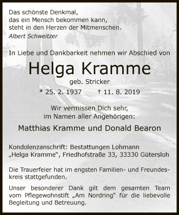 Traueranzeige von Helga Kramme von Neue Westfälische