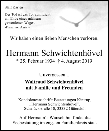 Traueranzeige von Hermann Schwichtenhövel von Neue Westfälische