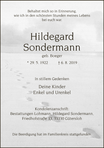 Traueranzeige von Hildegard Sondermann von Neue Westfälische