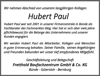 Traueranzeige von Hubert Paul von Neue Westfälische