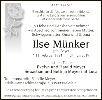 Traueranzeige von Ilse Münker von Neue Westfälische