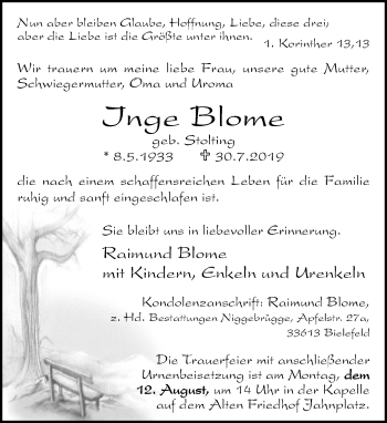 Traueranzeige von Inge Blome von Neue Westfälische