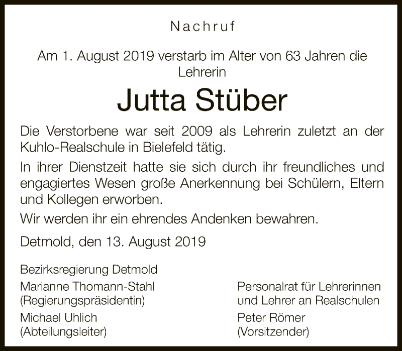  Traueranzeige für Jutta Stüber vom 15.08.2019 aus Neue Westfälische