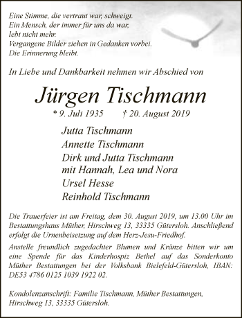 Traueranzeige von Jürgen Tischmann von Neue Westfälische