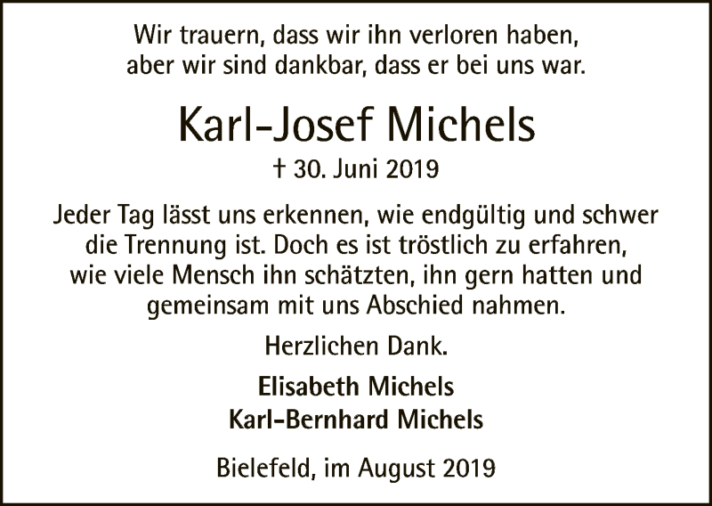  Traueranzeige für Karl-Josef Michels vom 10.08.2019 aus Neue Westfälische