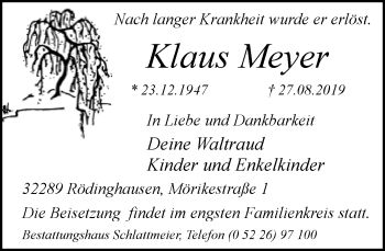 Traueranzeige von Klaus Meyer von Neue Westfälische