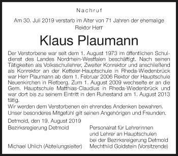 Traueranzeige von Klaus Plaumann von Neue Westfälische