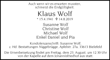 Traueranzeige von Klaus Wolf von Neue Westfälische