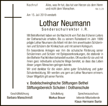 Traueranzeige von Lothar Neumann von Neue Westfälische