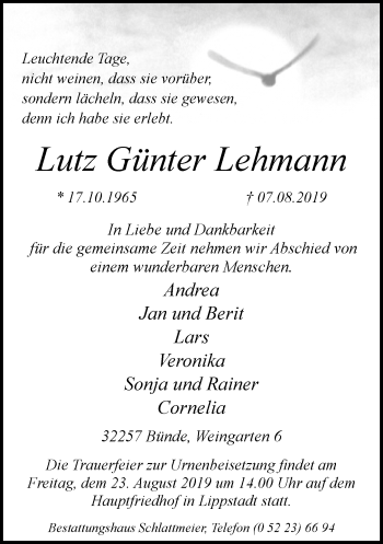 Traueranzeige von Lutz Günter Lehmann von Neue Westfälische