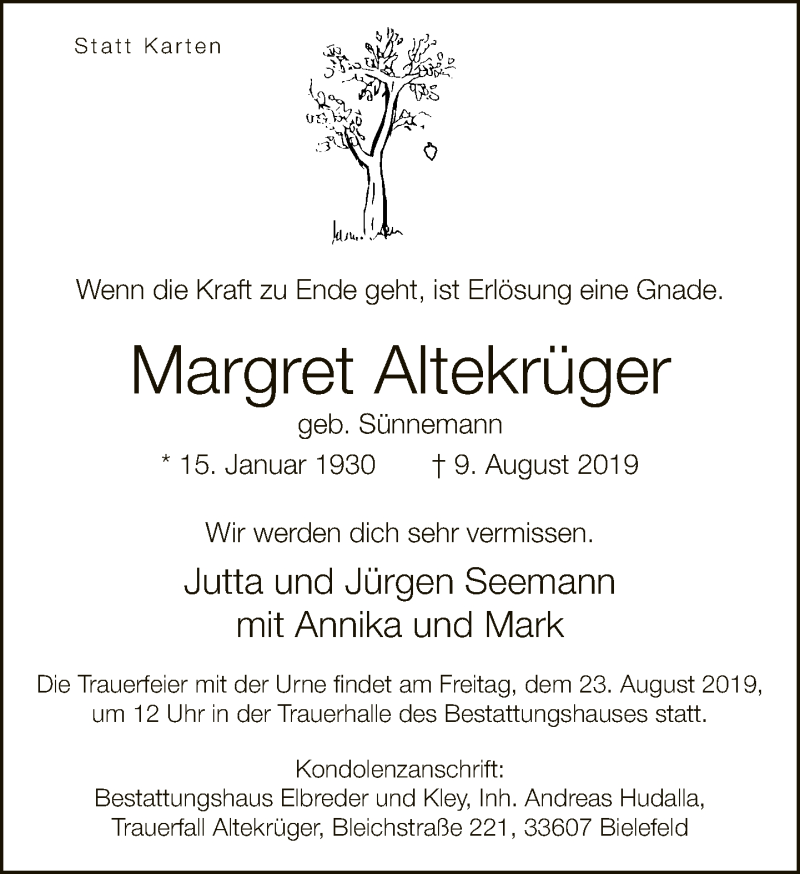  Traueranzeige für Margret Altekrüger vom 17.08.2019 aus Neue Westfälische