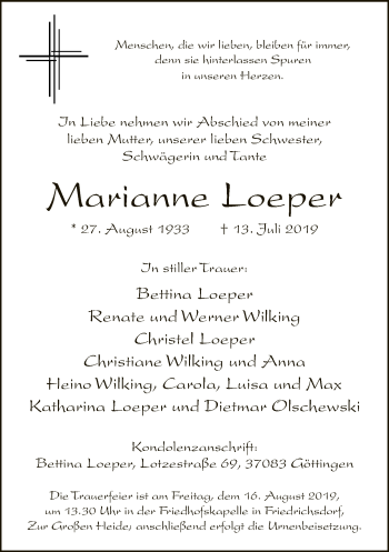 Traueranzeige von Marianne Loeper von Neue Westfälische