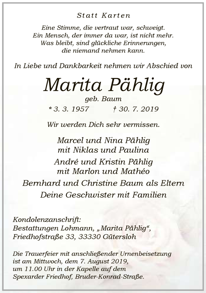  Traueranzeige für Marita Pählig vom 01.08.2019 aus Neue Westfälische