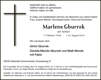 Traueranzeige von Marlene Gburrek von Neue Westfälische