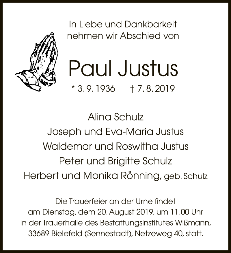 Traueranzeige für Paul Justus vom 10.08.2019 aus Neue Westfälische