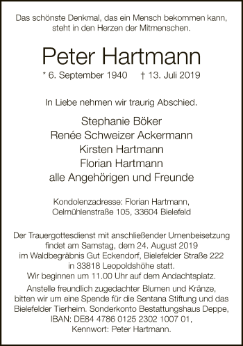 Traueranzeige von Peter Hartmann von Neue Westfälische