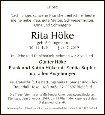 Traueranzeige von Rita Höke von Neue Westfälische