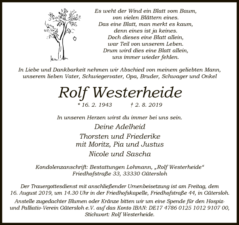  Traueranzeige für Rolf Westerheide vom 10.08.2019 aus Neue Westfälische