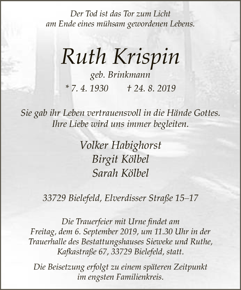  Traueranzeige für Ruth Krispin vom 31.08.2019 aus Neue Westfälische