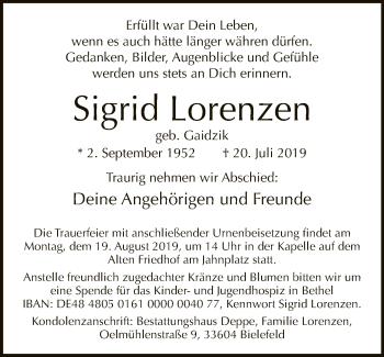 Traueranzeige von Sigrid Lorenzen von Neue Westfälische