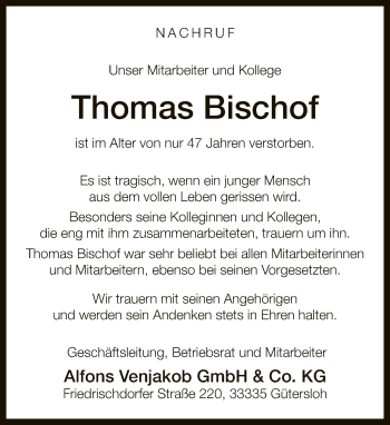 Traueranzeige von Thomas Bischof von Neue Westfälische