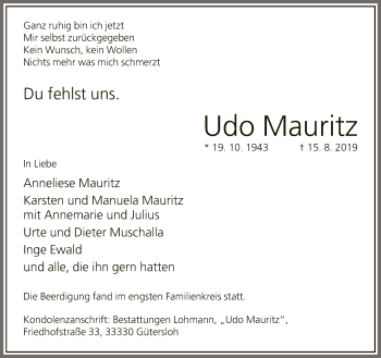 Traueranzeige von Udo Mauritz von Neue Westfälische