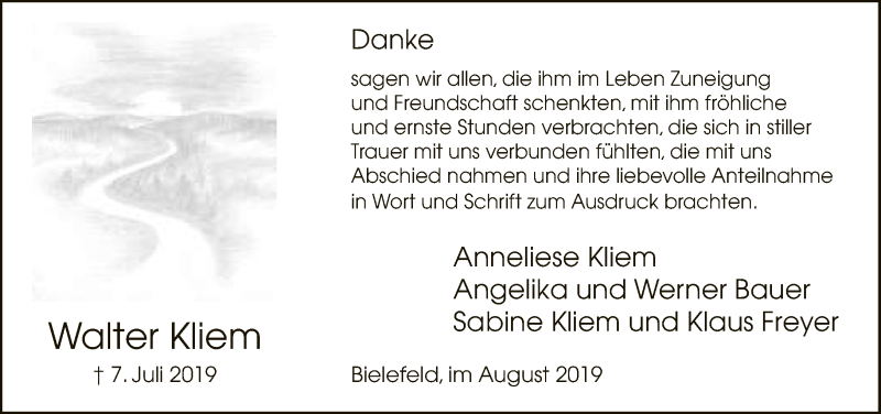  Traueranzeige für Walter Kliem vom 24.08.2019 aus Neue Westfälische