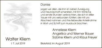 Traueranzeige von Walter Kliem von Neue Westfälische