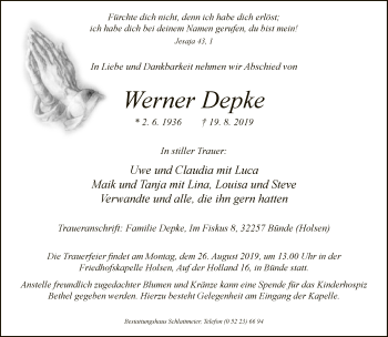 Traueranzeige von Werner Depke von Neue Westfälische