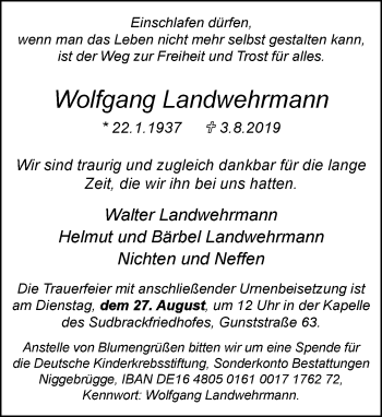 Traueranzeige von Wolfgang Landwehrmann von Neue Westfälische