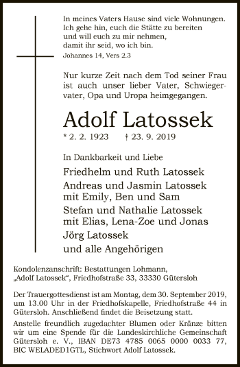 Traueranzeige von Adolf Latossek von Neue Westfälische