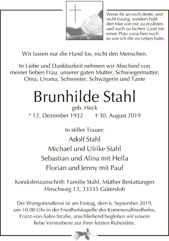Traueranzeige von Brunhilde Stahl von Neue Westfälische