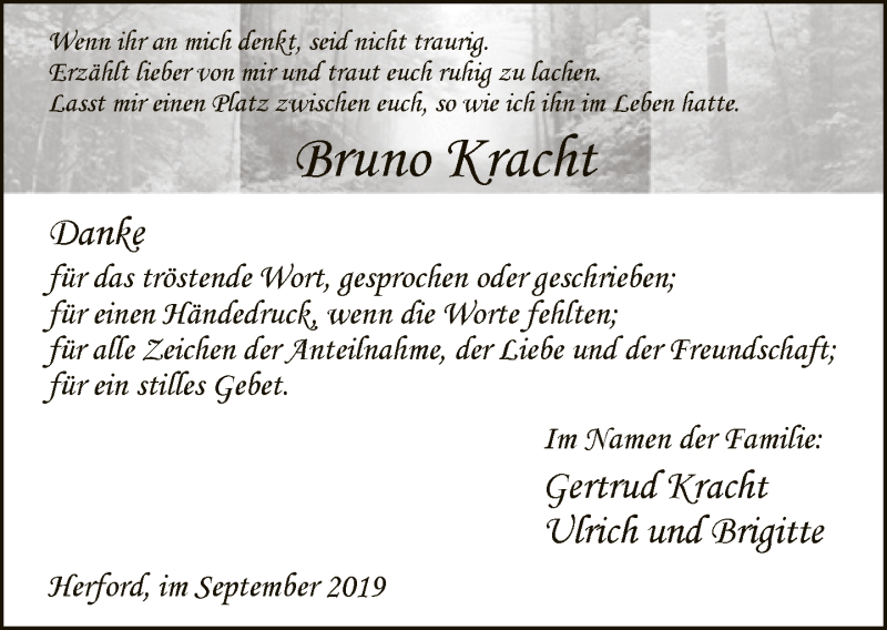  Traueranzeige für Bruno Kracht vom 14.09.2019 aus Neue Westfälische
