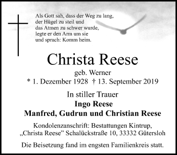 Traueranzeige von Christa Reese von Neue Westfälische