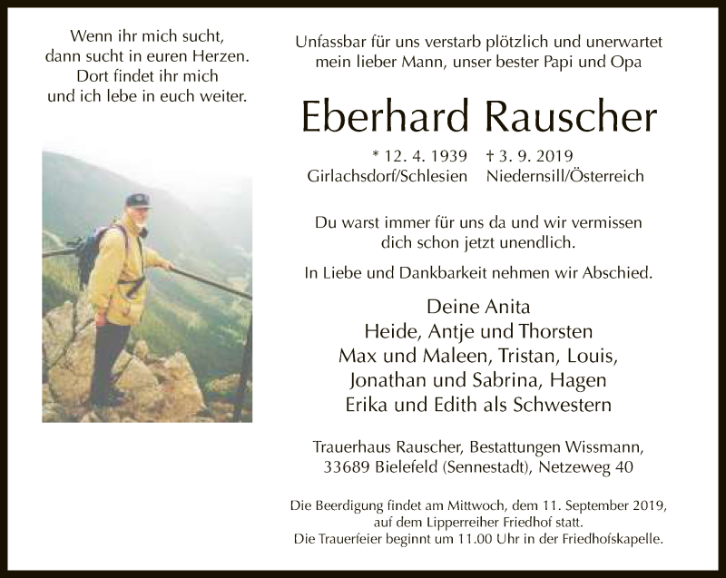  Traueranzeige für Eberhard Rauscher vom 07.09.2019 aus Neue Westfälische