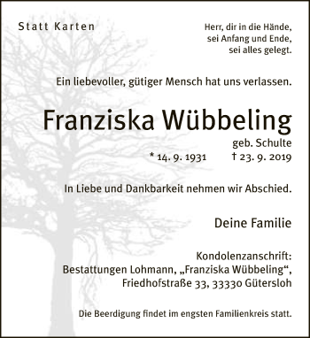 Traueranzeige von Franziska Wübbeling von Neue Westfälische