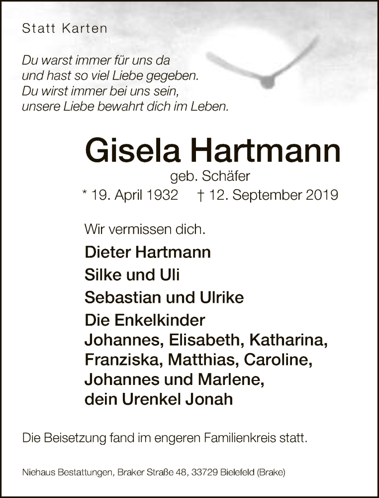  Traueranzeige für Gisela Hartmann vom 21.09.2019 aus Neue Westfälische