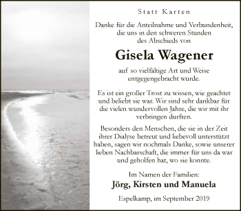 Traueranzeige von Gisela Wagener von Neue Westfälische