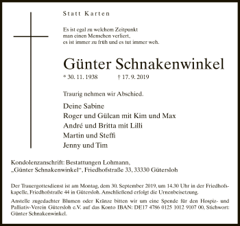 Traueranzeige von Günter Schnakenweinkel von Neue Westfälische