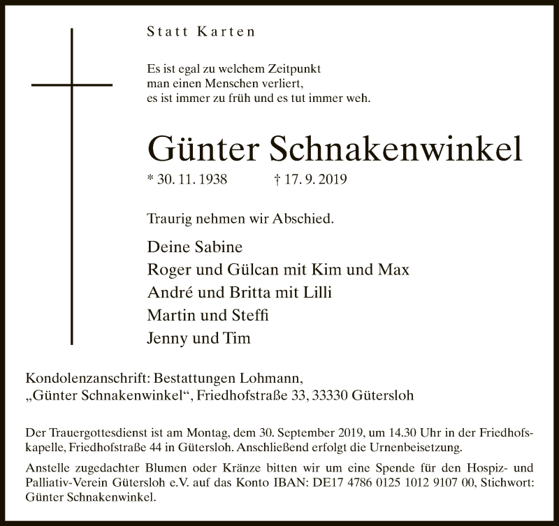  Traueranzeige für Günter Schnakenweinkel vom 21.09.2019 aus Neue Westfälische
