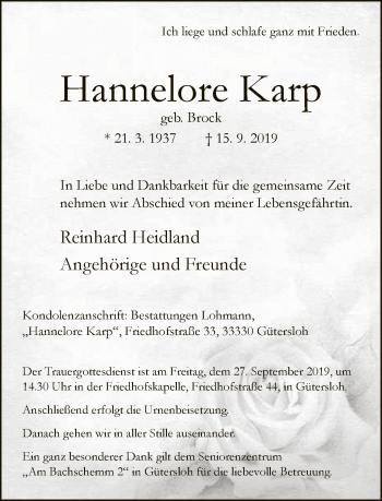Traueranzeige von Hannelore Karp von Neue Westfälische